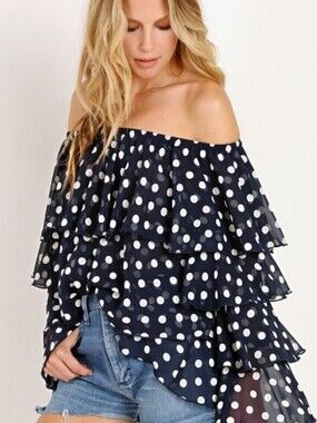 Show Me Your MuMu Navy Blue & White Polka Dot Ruffled Blouse